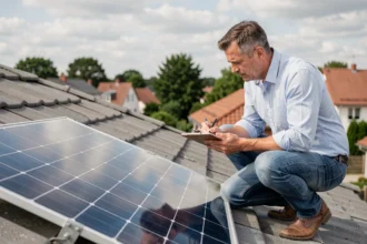 Homme examinant un panneau solaire monocristallin installé sur un toit résidentiel avec un presse-papiers à la main