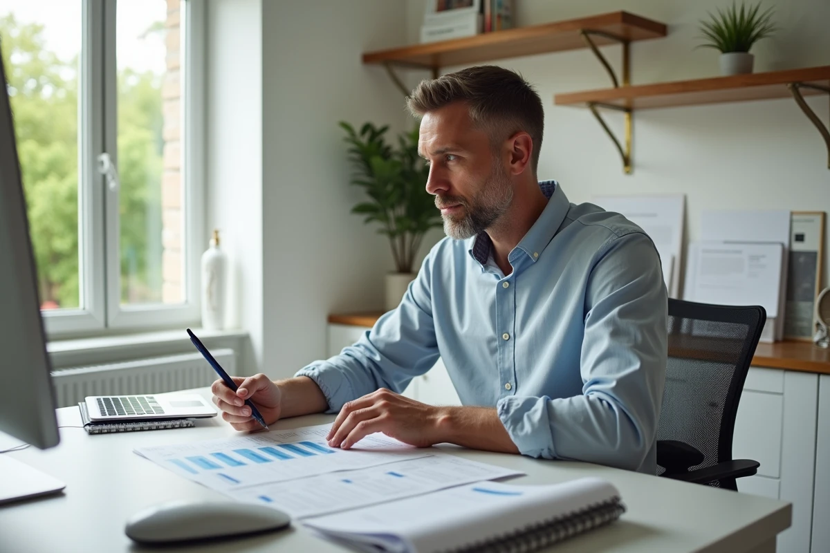 Homme vérifie ses dépenses de rénovation au bureau