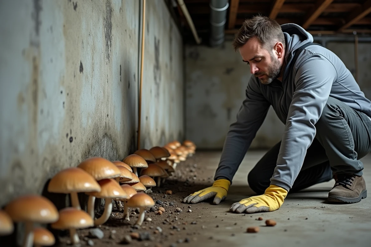 Homme inspectant champignons sur mur de cave