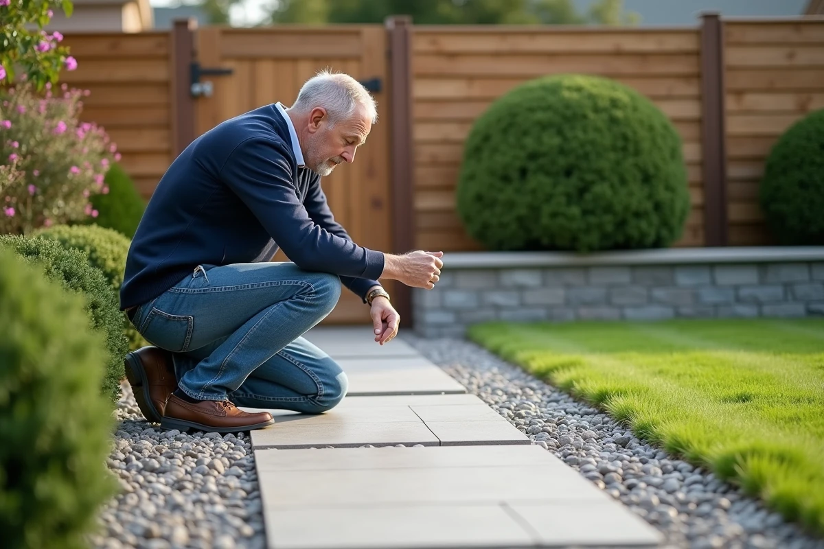 Homme inspectant un pavage moderne dans un jardin résidentiel