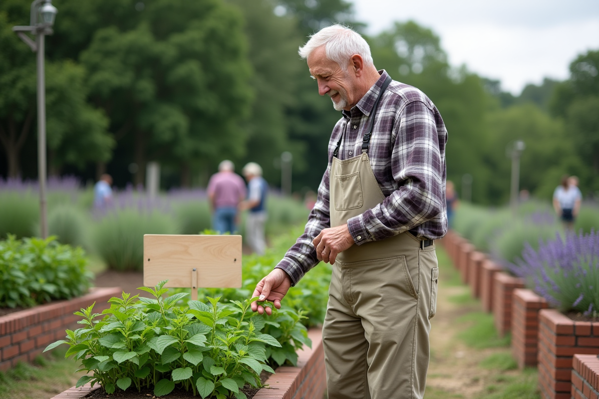 Homme âgé dans un jardin communautaire avec menthe et lavande