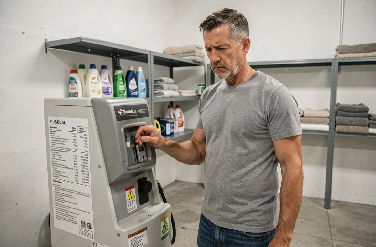 Homme lisant les caractéristiques techniques d'une shampouineuse dans une buanderie, regard critique sur les informations du fabricant
