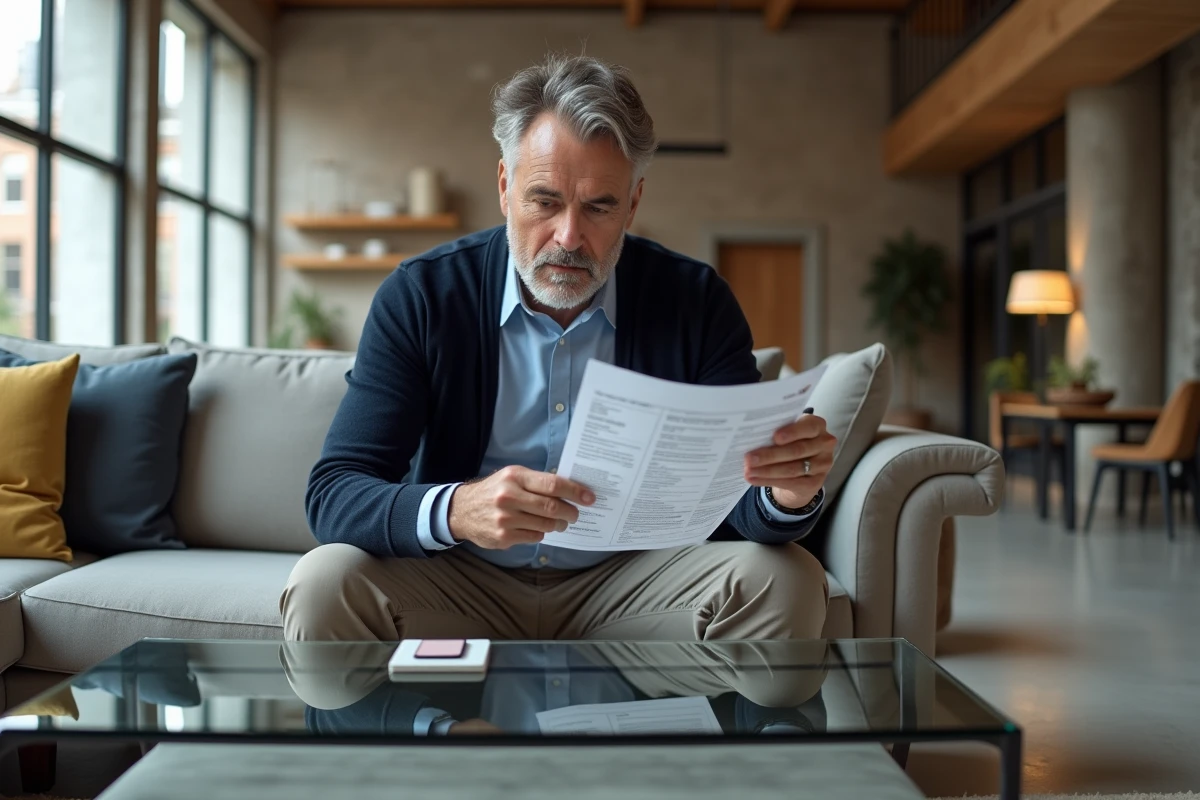 Homme lisant une fiche technique devant une table en verre dans un loft