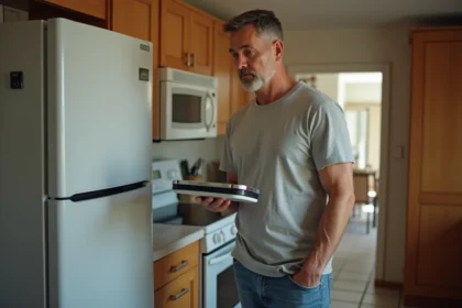 Homme d'âge moyen avec balance digitale près du frigo