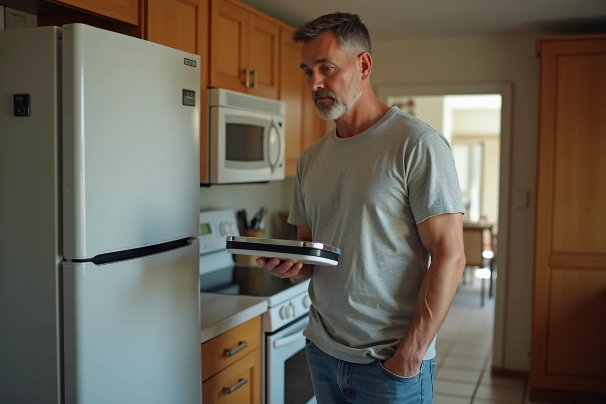 Homme d'âge moyen avec balance digitale près du frigo