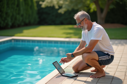 Homme d'âge moyen vérifiant un thermomètre de piscine extérieur
