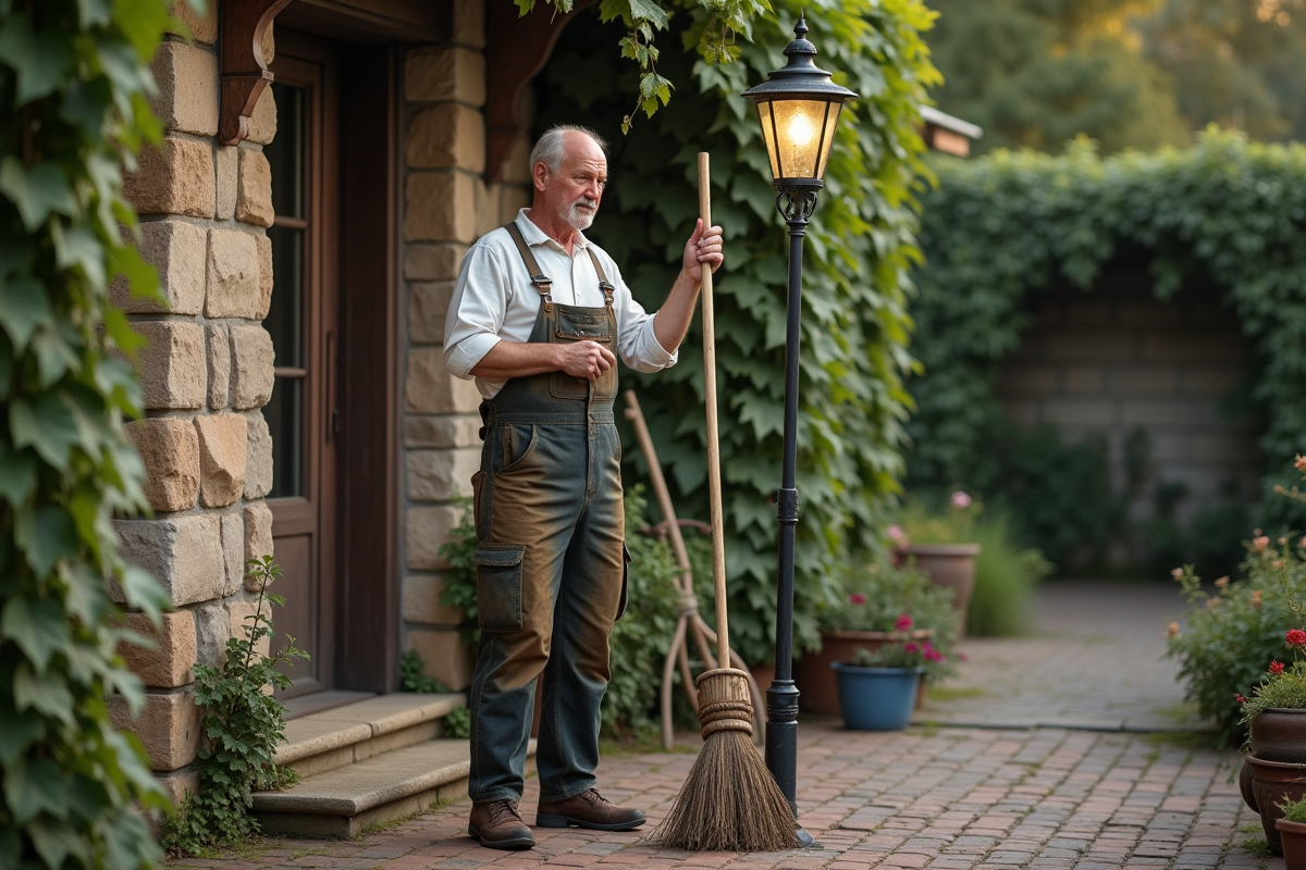 Homme en tenue de travail nettoyant des toiles d