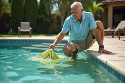 Homme au polo bleu nettoyant une piscine avec un filet