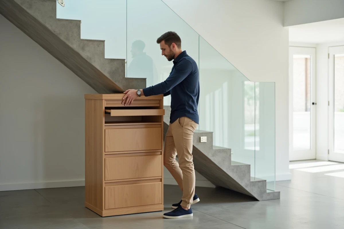 Homme ouvre un tiroir d’un meuble moderne sous l’escalier