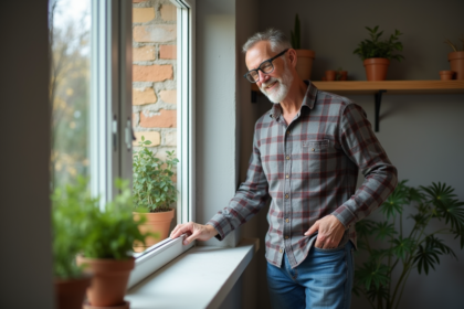Homme détendu ouvre une fenêtre de sous-sol moderne