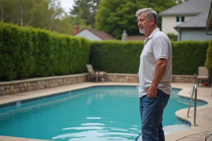 Homme d'âge moyen pensif près d'une piscine de banlieue