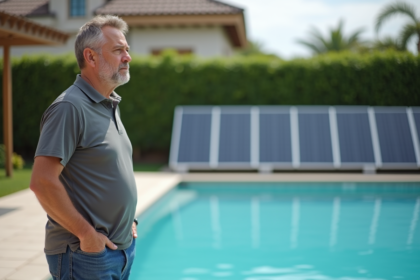 Homme regardant des panneaux solaires près d'une piscine