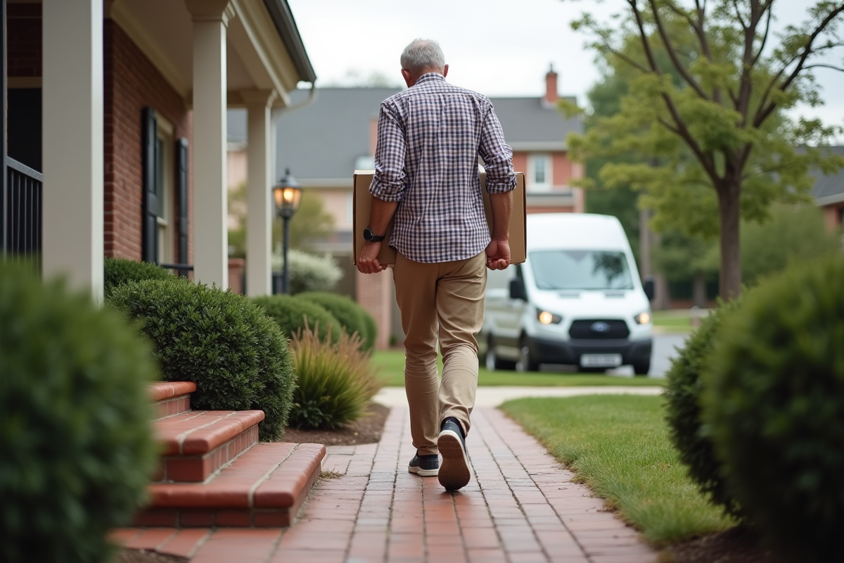Homme portant une box devant une maison de banlieue