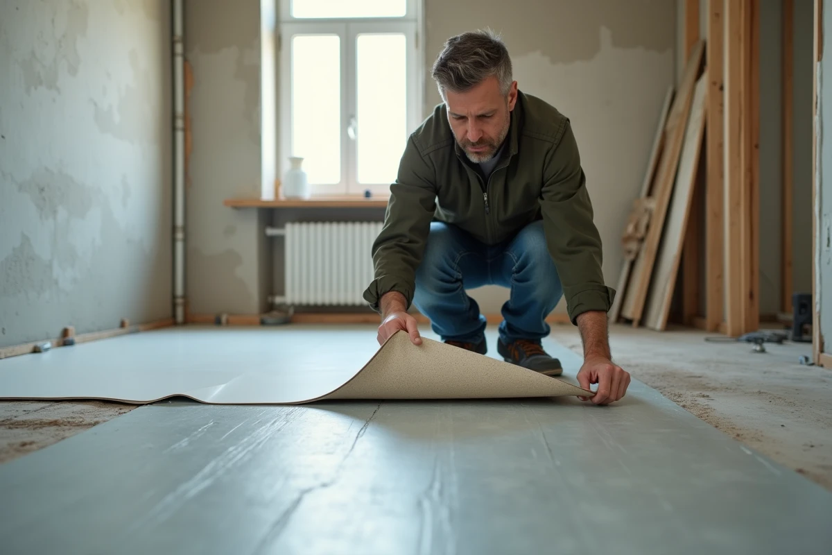 Homme soulevant un bord de lino dans une cuisine en rénovation pour évaluer la qualité du revêtement de sol