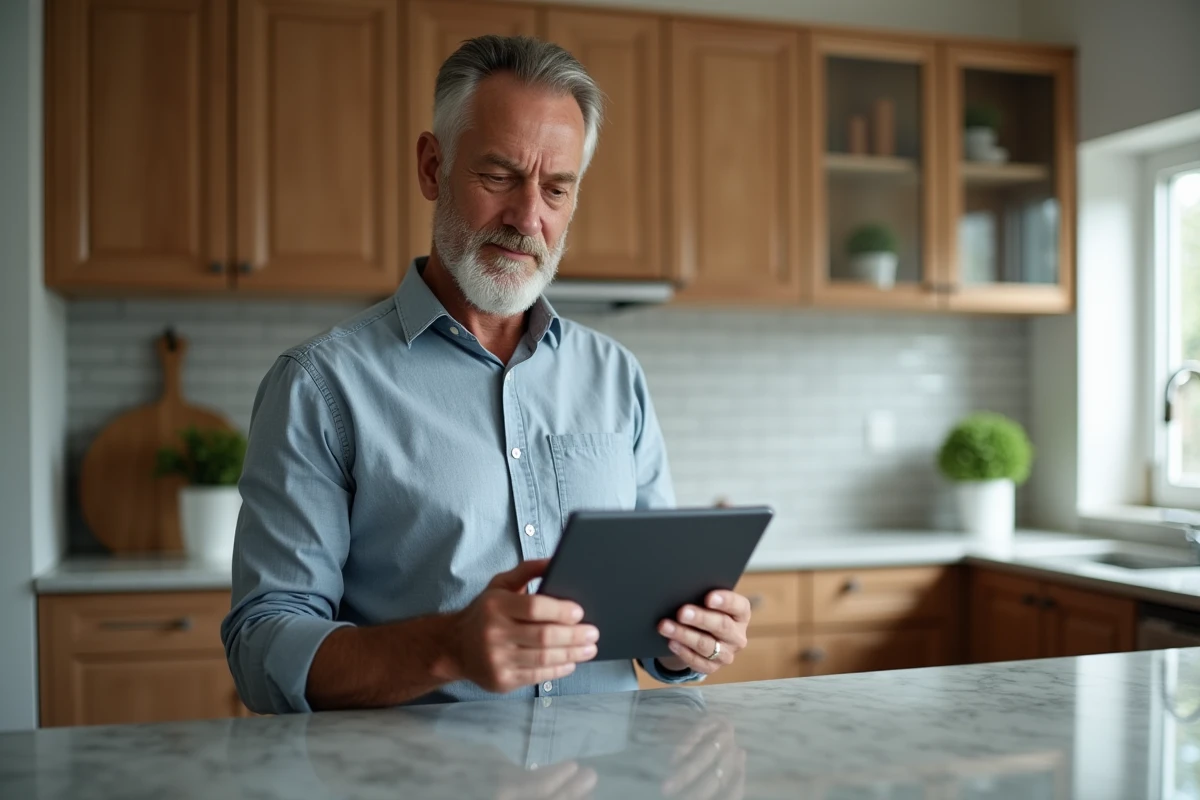 Homme dâant avec tablette dans une cuisine moderne