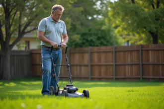 Homme d'âge moyen inspectant une pelouse fraîchement tondue dans un jardin suburbain