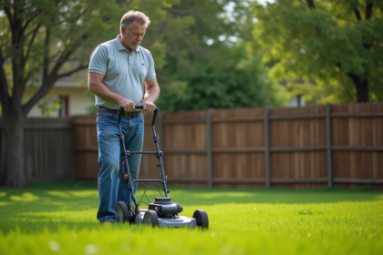 Homme d'âge moyen inspectant une pelouse fraîchement tondue dans un jardin suburbain