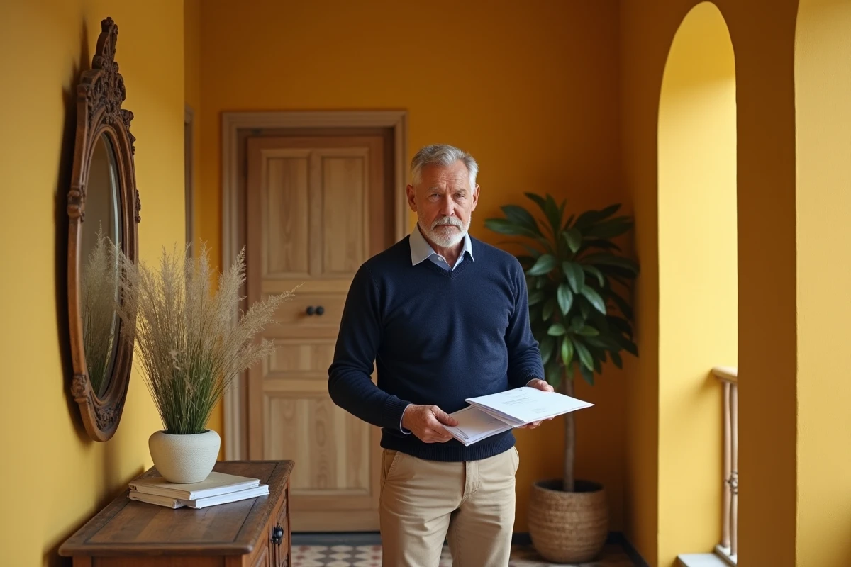 Homme en pull bleu dans un vestibule jaune vif