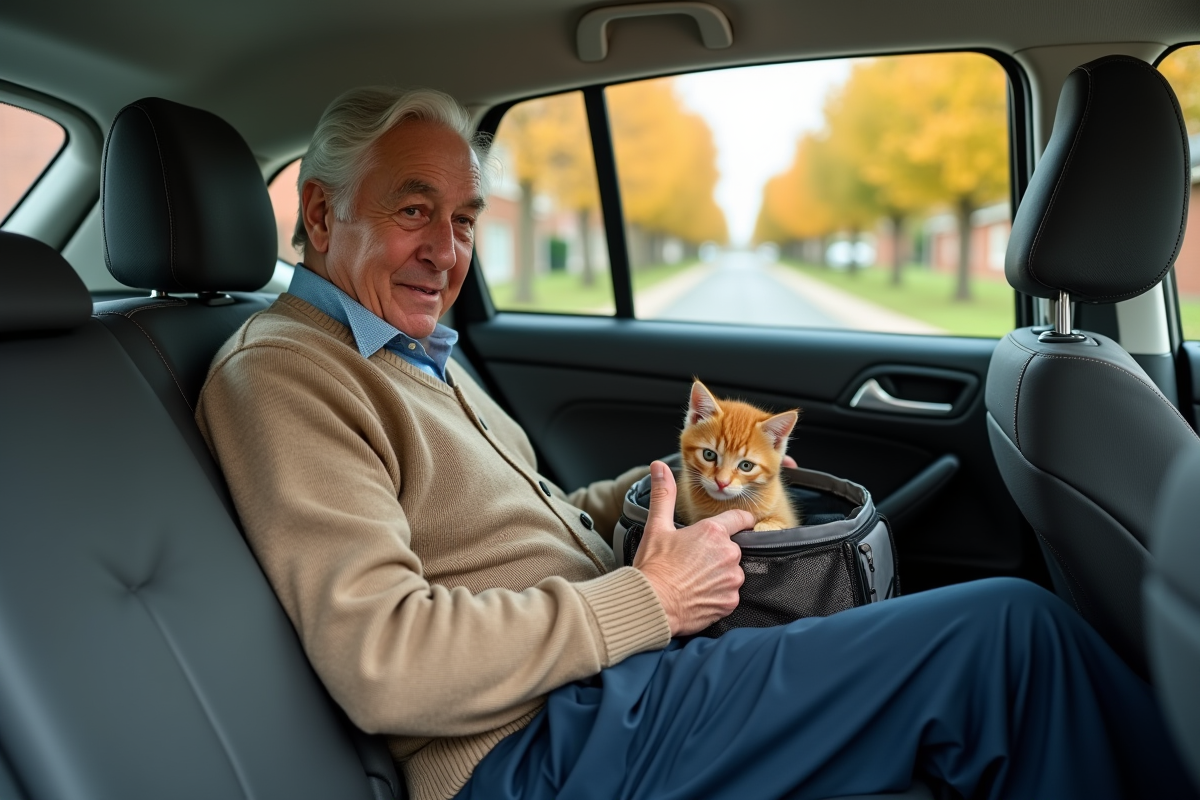 Homme âgé rassurant un chaton dans une voiture