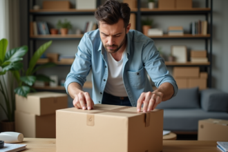Homme emballant un carton dans un salon moderne