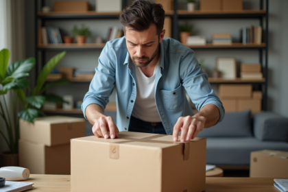 Homme emballant un carton dans un salon moderne