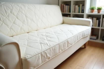 Housse matelassée blanche pour clic clac dans un petit studio parisien bien rangé