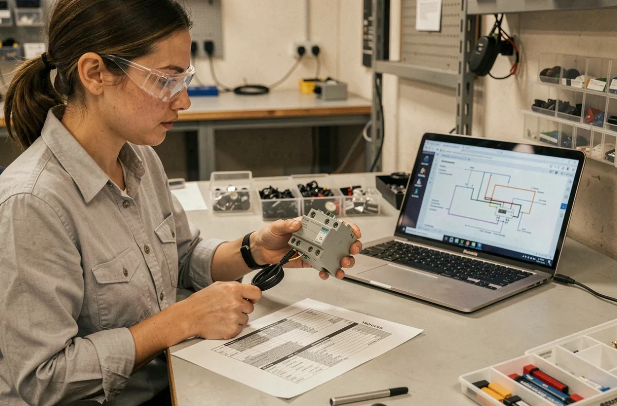 Ingénieure électricienne comparant un disjoncteur différentiel avec une fiche technique dans un atelier professionnel