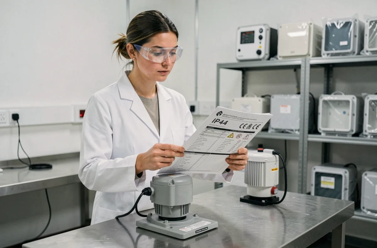 Ingénieure contrôlant la conformité d'un luminaire certifié IP44 dans un laboratoire de contrôle qualité
