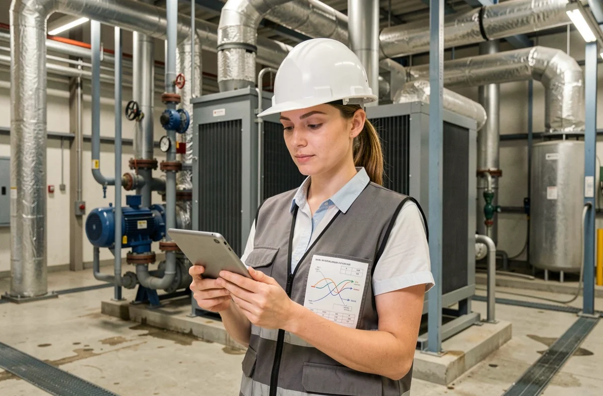 Ingénieure analysant un diagramme de cycle thermodynamique devant une installation industrielle de pompe à chaleur