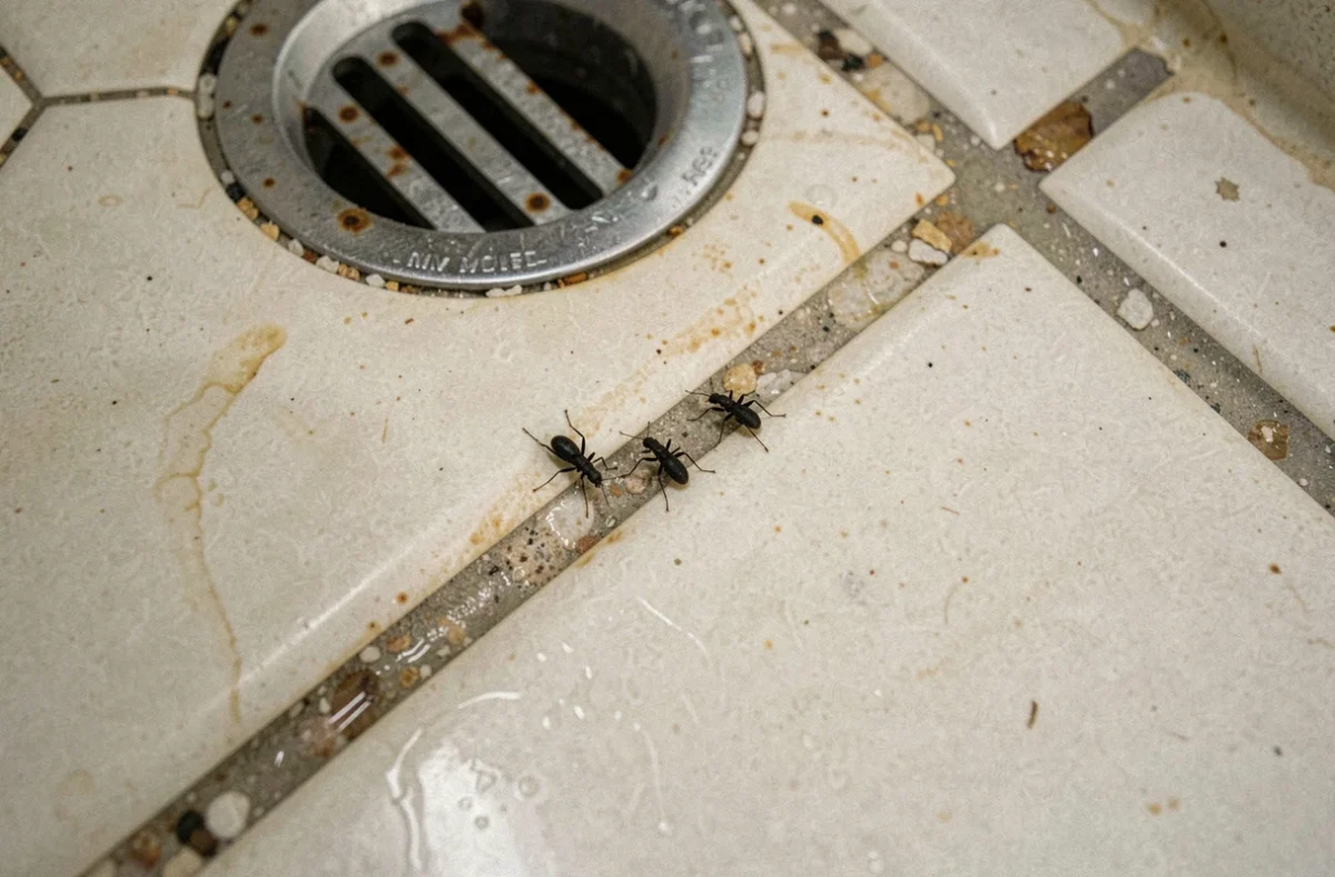 Petites bêtes noires près d'un siphon de douche sur un carrelage de salle de bain humide
