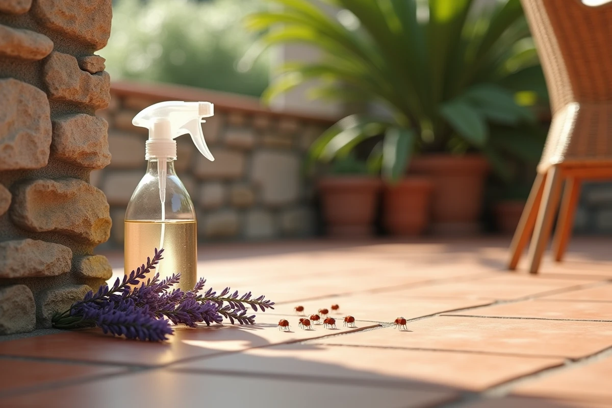 Terrasse en carrelage avec des petits insectes rouges près d'un mur en pierre et des solutions naturelles comme un spray et de la lavande pour les éliminer