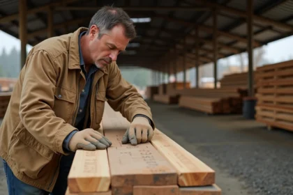 Ouvrier inspectant des bastaings et madriers en bois dans un dépôt de matériaux de construction, vérifiant les marquages de norme et les caractéristiques de charge