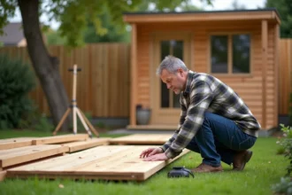 Homme inspectant un chalet en bois dans le jardin