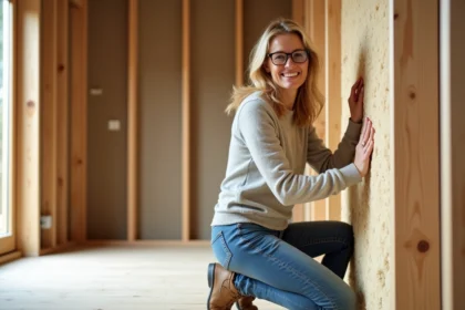 Femme inspectant l'isolation naturelle dans une maison passive