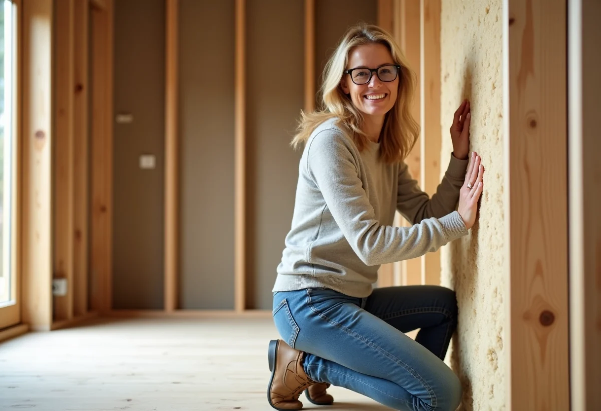 Femme inspectant l'isolation naturelle dans une maison passive