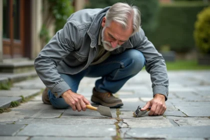 Professionnel inspectant un joint époxy détérioré sur une terrasse extérieure en pierre