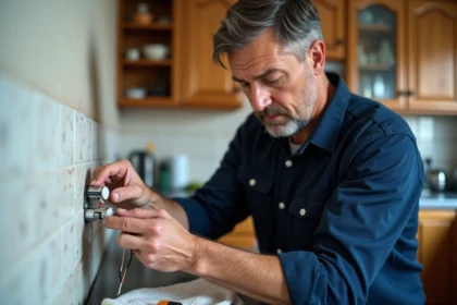 Homme installant un connecteur électrique moderne dans une cuisine