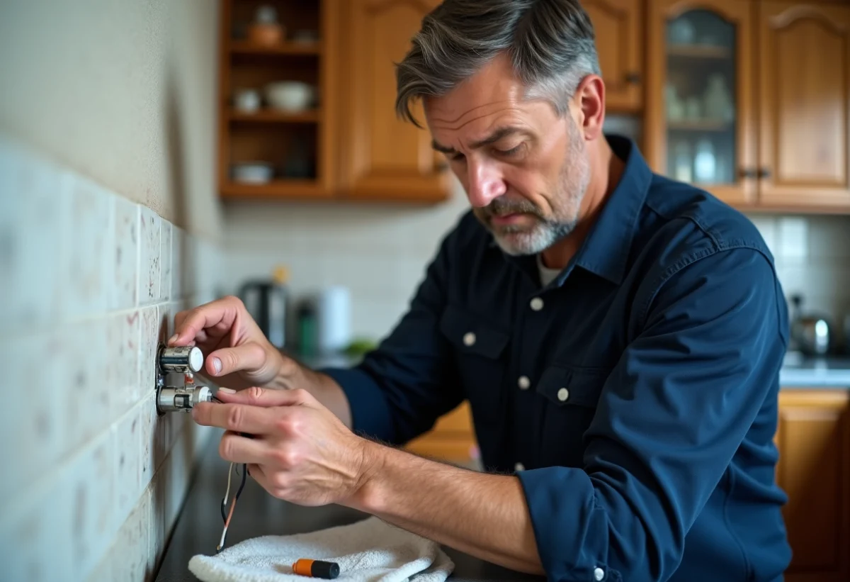 Homme installant un connecteur électrique moderne dans une cuisine