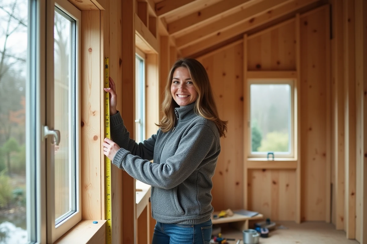 Femme mesurant une fenêtre dans un chalet en bois