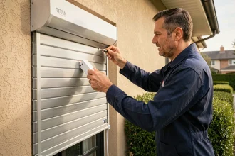 Technicien installant un coffret de volet roulant TITAN sur la façade d'une maison moderne