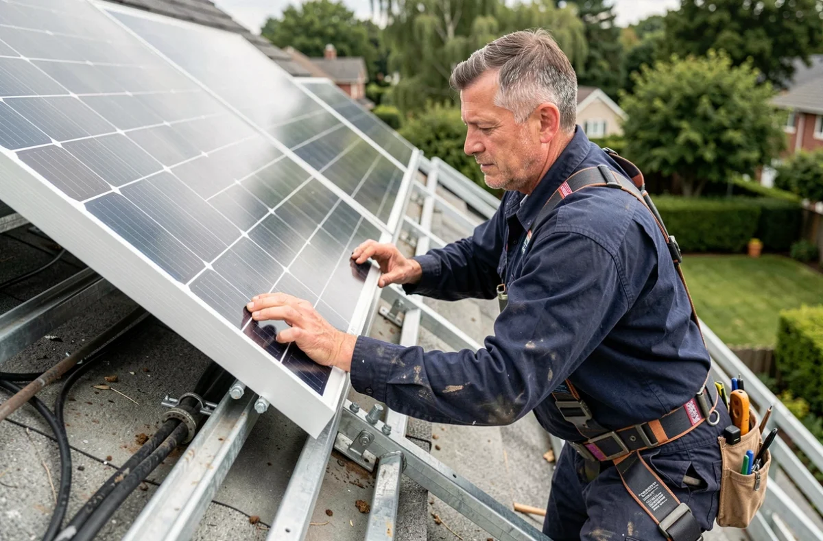 Technicien installant un panneau solaire Sunology sur une toiture résidentielle