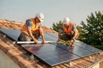 Deux techniciens installant des panneaux solaires de 6 kW sur un toit en tuiles d'une maison individuelle