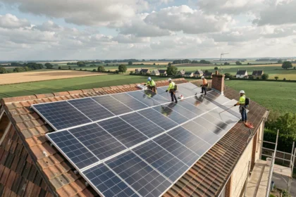 Équipe d'installateurs de panneaux solaires sur un toit en tuiles en Seine-et-Marne avec paysage rural en arrière-plan