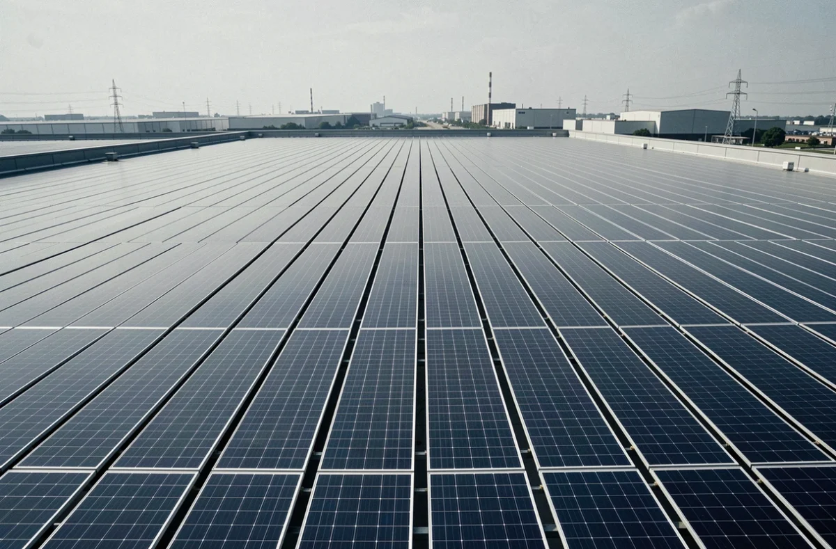 Grande installation de panneaux solaires photovoltaïques sur le toit plat d'un entrepôt commercial avec vue panoramique
