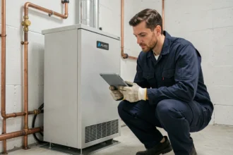 Technicien installant une pompe à chaleur eau/eau Atlantic dans une chaufferie résidentielle