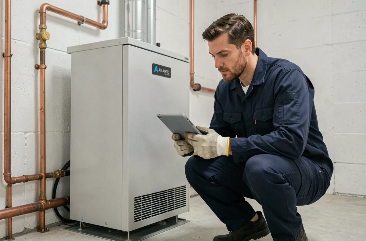 Technicien installant une pompe à chaleur eau/eau Atlantic dans une chaufferie résidentielle