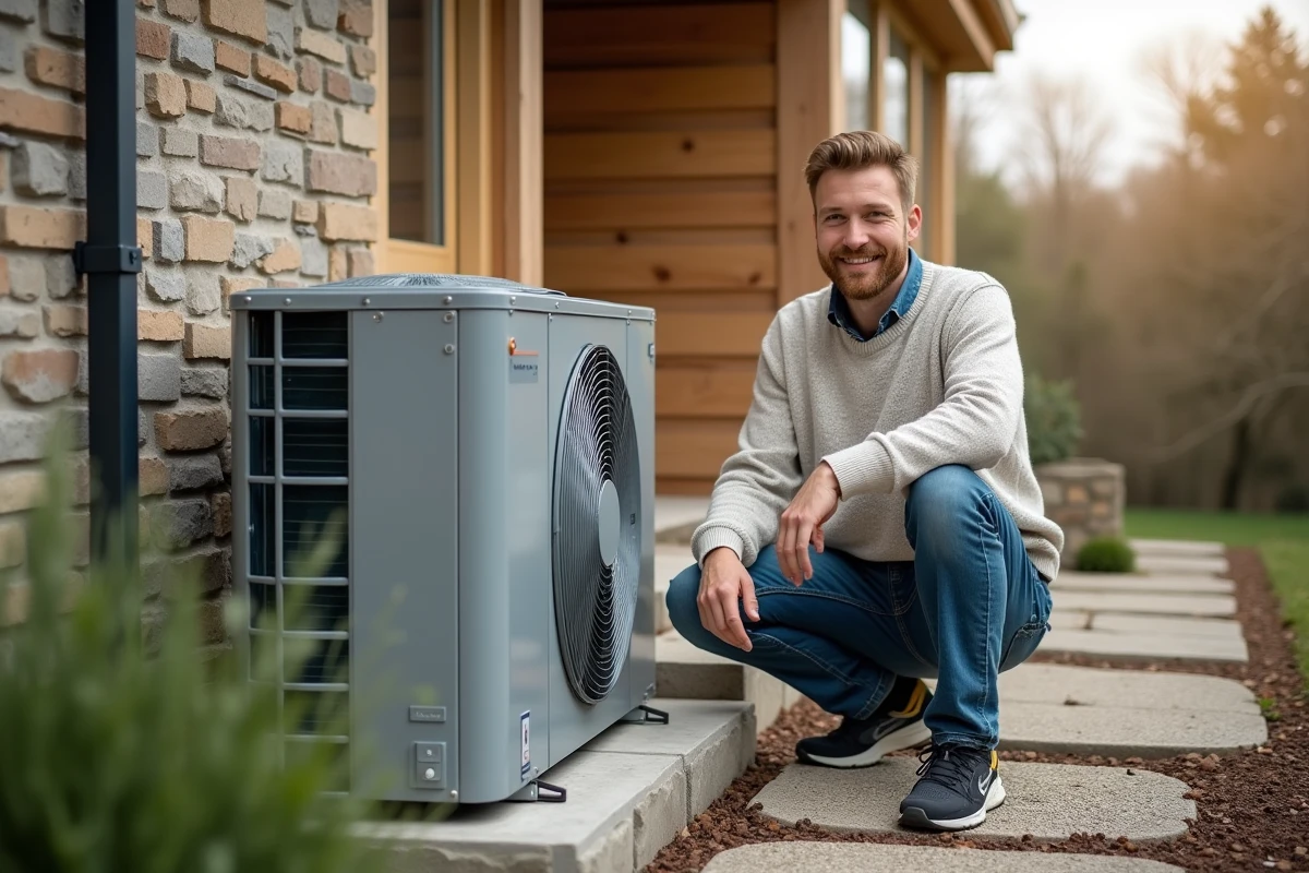 Jeune homme installant une pompe à chaleur devant une maison écologique