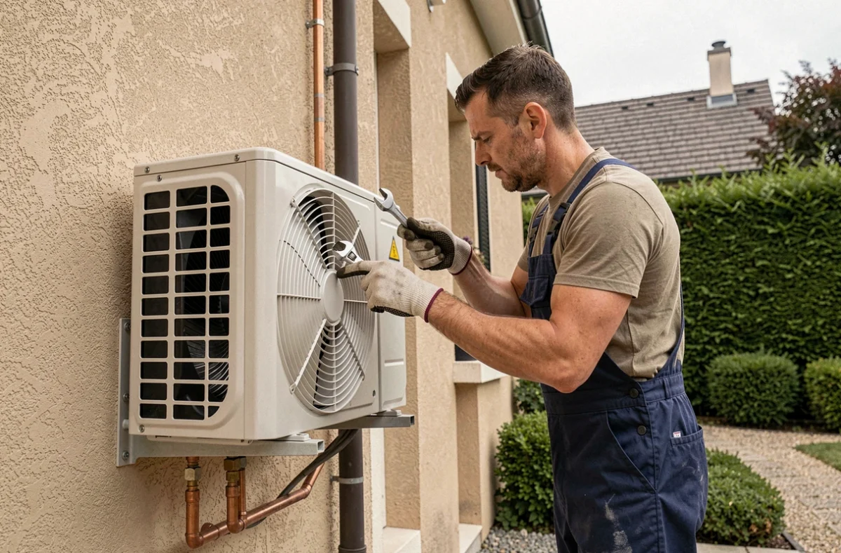 Technicien installant l'unité extérieure d'une pompe à chaleur air-air sur une maison pavillonnaire