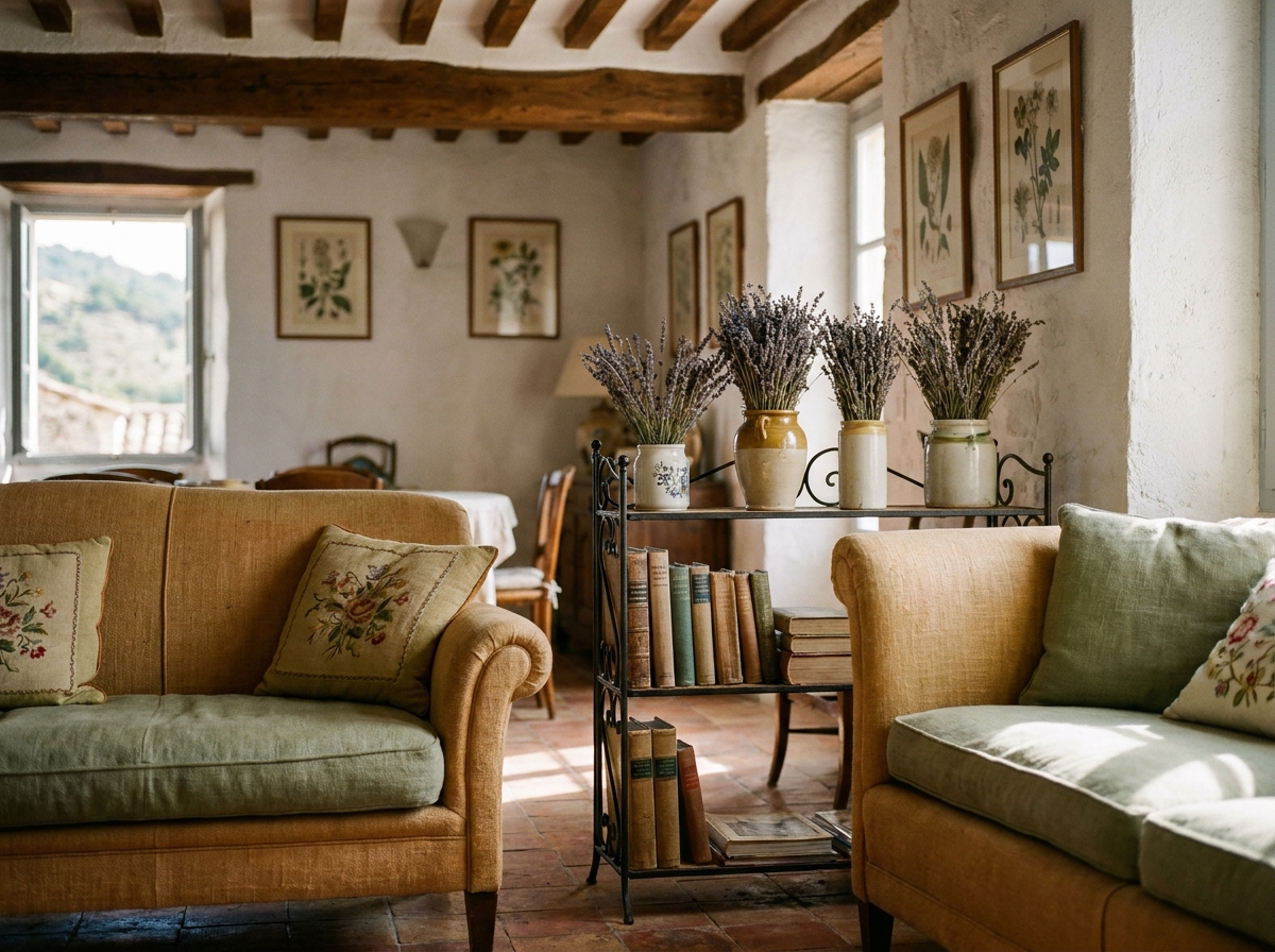 Intérieur de petite maison provençale à Grasse avec tomettes, poutres apparentes et décoration régionale authentique