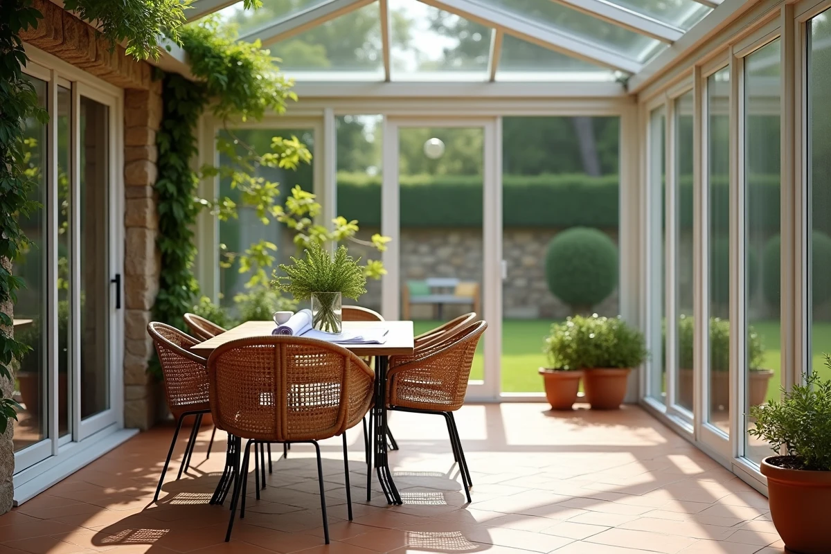 Intérieur de véranda aménagée en salle à manger avec carrelage en terre cuite, mobilier en rotin et vue sur jardin